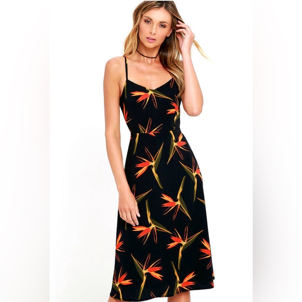JOA x Lulus Miranda Black Floral Print Midi Dress